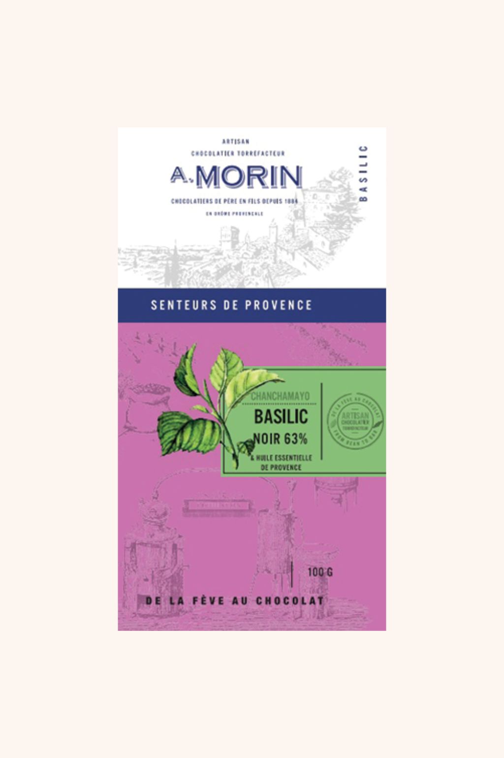 Tablette de chocolat noir à l’huile essentielle Basilic 63% - 100g
